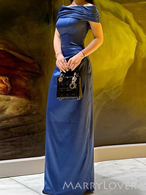 Formal Blue Satin Mermaid Long Evening Prom Dresses, Off Shoulder Prom Dress, MR9736