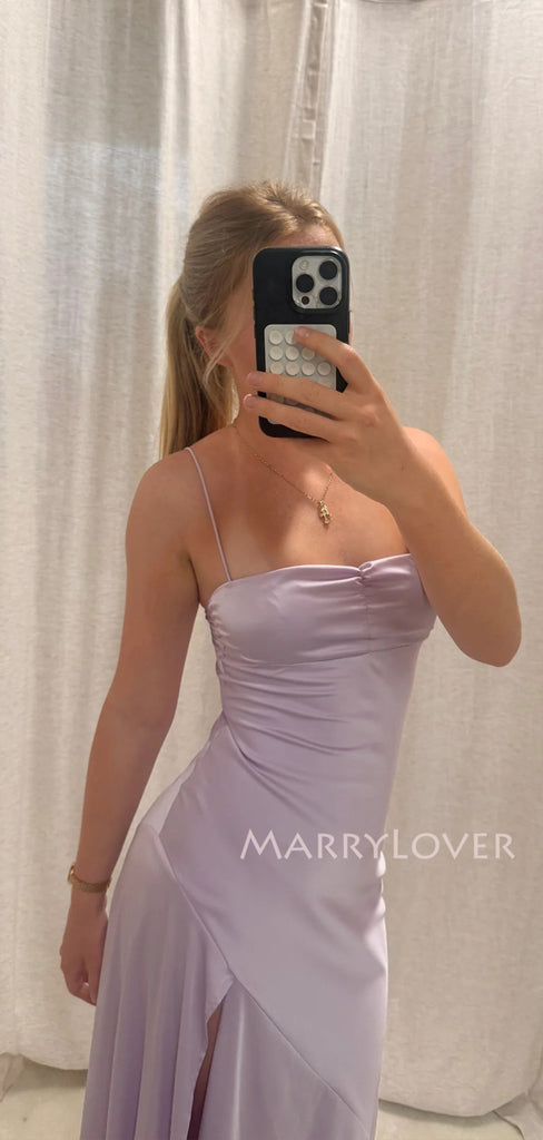Simple Lilac Satin Spaghetti Straps Long Evening Prom Dresses, Mermaid Side Slit Prom Dress, MR9738
