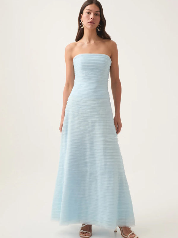 Unique Strapless Sky Blue Tulle Long Evening Prom Dresses, MR9742