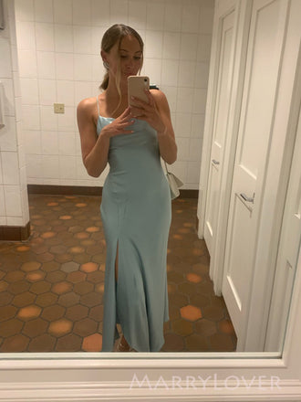 Simple Blue Satin Spaghetti Straps Side Slit Long Evening Prom Dresses, MR9748