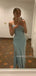 Simple Blue Satin Spaghetti Straps Side Slit Long Evening Prom Dresses, MR9748