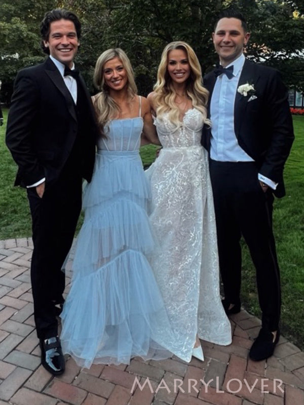 Spaghetti Straps White Tulle Long Evening Prom Dresses, MR9750