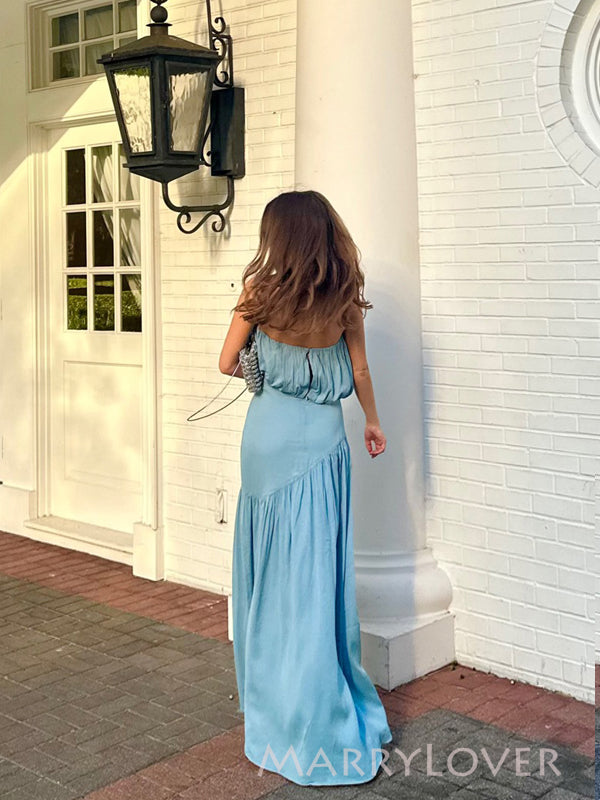 Simple Sweetheart Blue Chiffon Strapless Long Evening Prom Dresses, MR9752