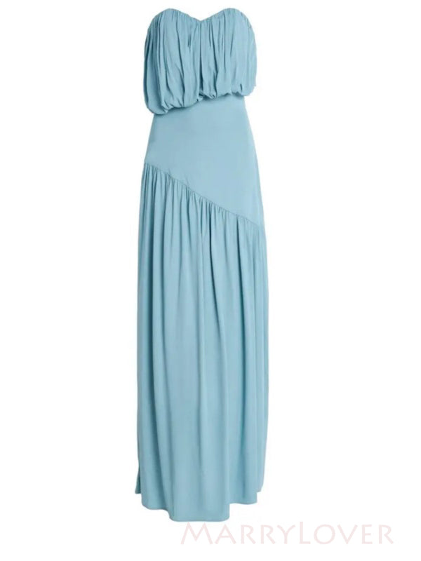 Simple Sweetheart Blue Chiffon Strapless Long Evening Prom Dresses, MR9752