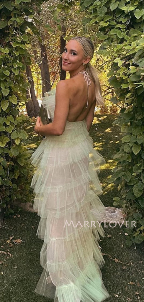 Morden Green Tulle Halter Backless Long Evening Prom Dresses, MR9753
