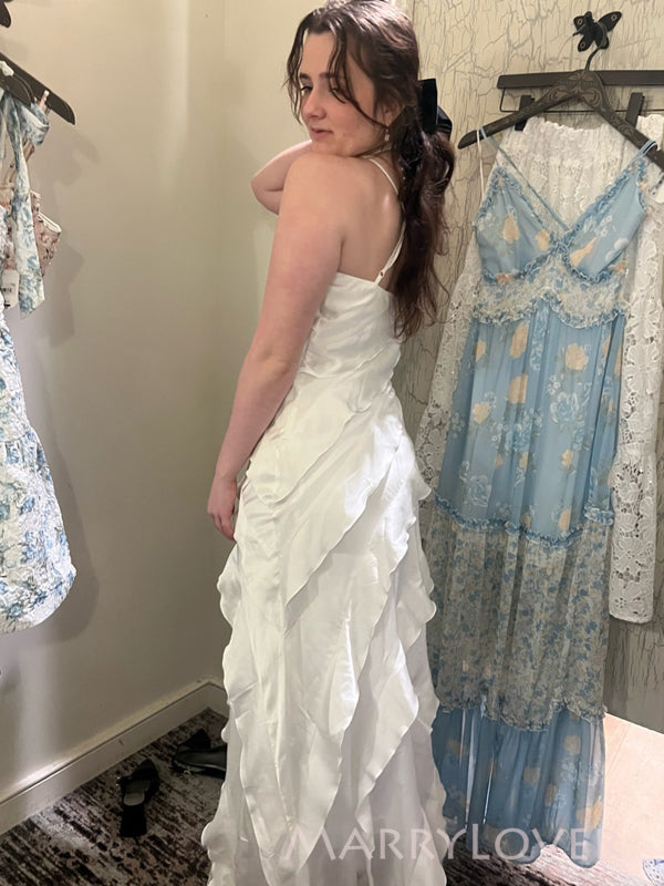 Popular White V-neck Spaghetti Straps Long Evening Prom Dresses, MR9755