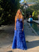 Formal Blue Tulle V-neck Long Evening Prom Dresses, A-line V-back Prom Dress, MR9760