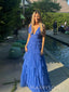 Formal Blue Tulle V-neck Long Evening Prom Dresses, A-line V-back Prom Dress, MR9760