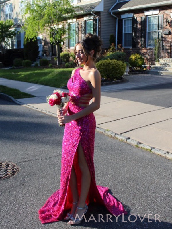 Elegant One Shoulder Sequins Mermaid Long Evening Prom Dresses, High Slit Prom Dress, MR9761