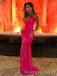 Sexy Mermaid Spaghetti Straps Hot Pink Long Evening Prom Dresses, V-neck Prom Dress, MR9762