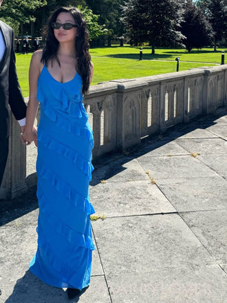 Simple Blue Chiffon Spaghetti Straps Long Evening Prom Dresses, MR9763