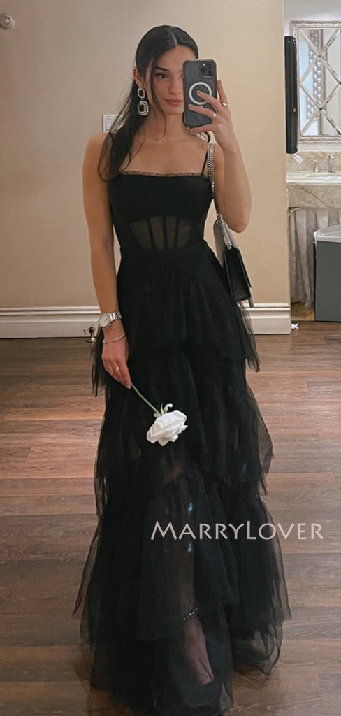 Lovely Spaghetti Straps Black Tulle Long Evening Prom Dresses, MR9765