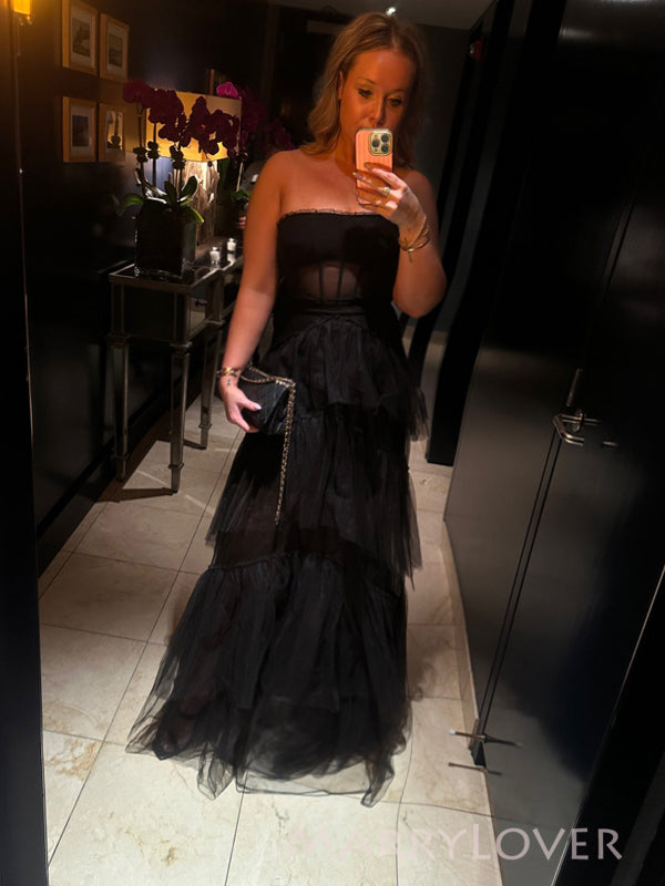 Floor-length Black Tulle A-line Long Evening Prom Dresses, MR9766