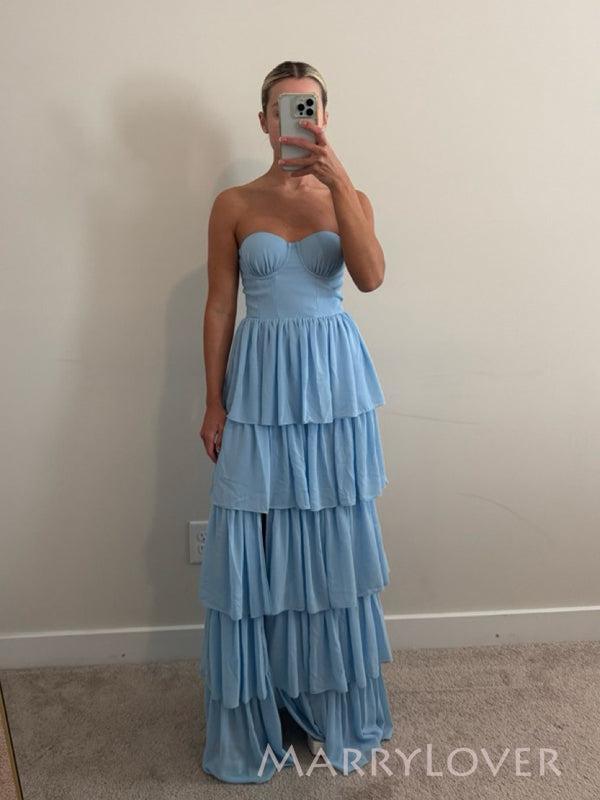 Beautiful Sweetheart Blue Chiffon Side Slit Long Evening Prom Dresses, MR9768