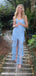 Gorgeous Blue Lace Spaghetti Straps Slit Long Evening Prom Dresses, MR9777