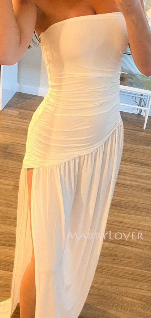 Simple Strapless White Chiffon Long Side Slit Evening Prom Dresses, MR9780