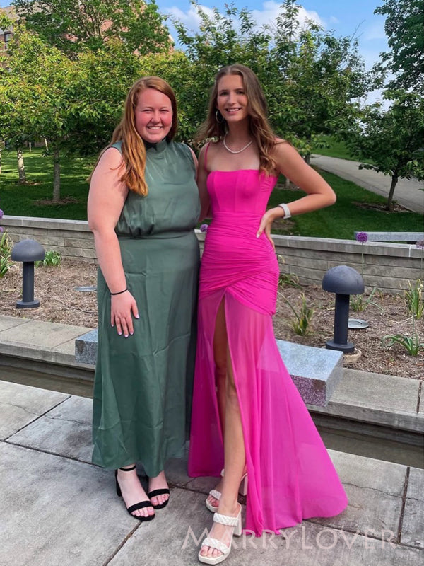 Sheath Mermaid Spaghetti Straps Hot Pink Chiffon Long Evening Prom Dresses, MR9782