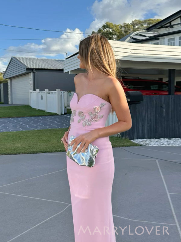 Simple Sweetheart Mermaid Pink Long Appliques Evening Prom Dresses, MR9785