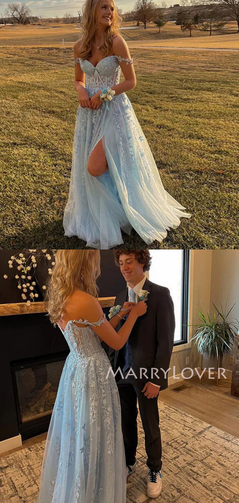 Formal Blue Tulle Appliques Long Evening Prom Dresses, MR9786