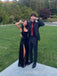 Simple Black Satin High Slit Long Evening Prom Dresses, MR9788