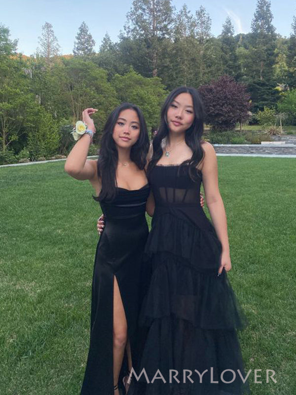 Simple Black Satin High Slit Long Evening Prom Dresses, MR9788