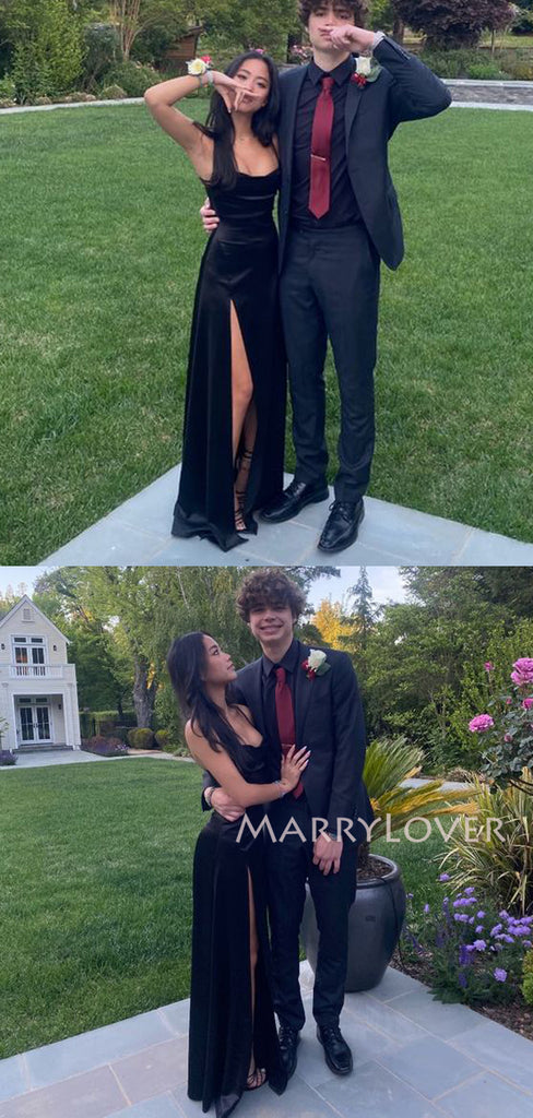 Simple Black Satin High Slit Long Evening Prom Dresses, MR9788