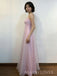 Elegant Spaghetti Straps Pink Organza Appliques Long Evening Prom Dresses, MR9790