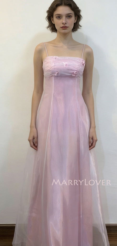 Elegant Spaghetti Straps Pink Organza Appliques Long Evening Prom Dresses, MR9790