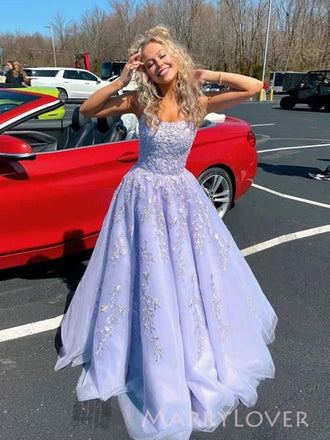 Floor-length Purple Tulle Appliques Long Evening Prom Dresses, MR9792