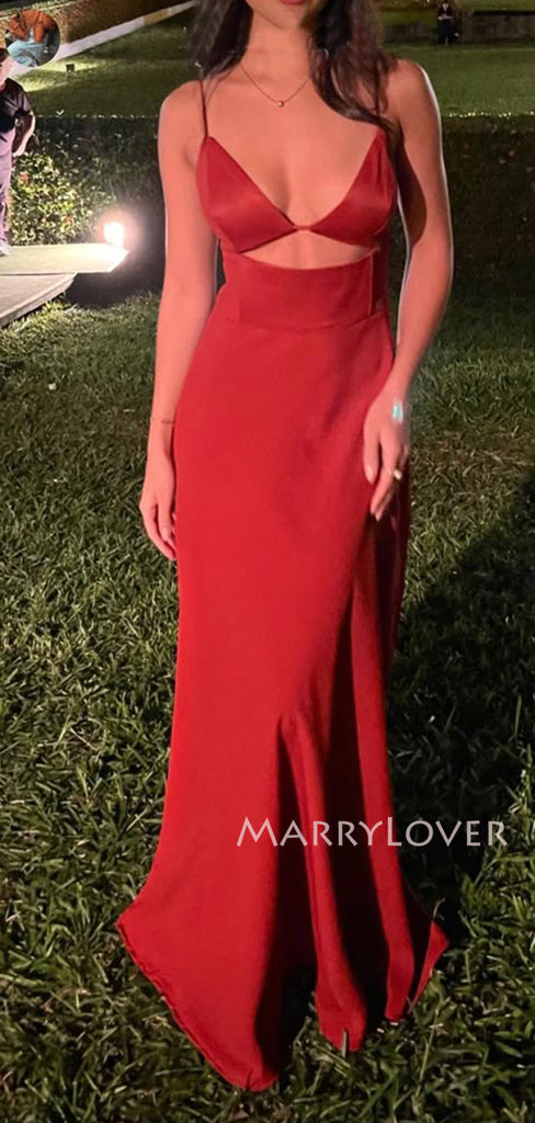 Sexy Deep V-neck Spaghetti Straps Red Satin Long Mermaid Evening Prom Dresses, MR9794