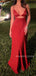 Sexy Deep V-neck Spaghetti Straps Red Satin Long Mermaid Evening Prom Dresses, MR9794