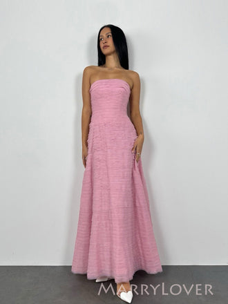 Morden Pink Tulle Long Evening Prom Dresses, Strapless Prom Dress, MR9797