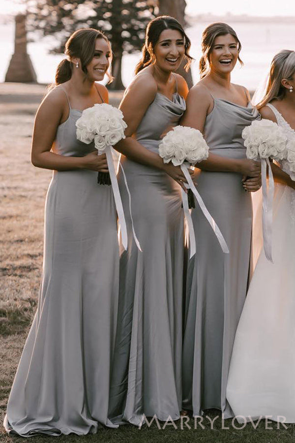 Simple Silver Grey Spaghetti Straps Side Slit Long Bridesmaid Dresses , MRB0001 Simple Silver Grey Spaghetti Straps Side Slit Long Bridesmaid Dresses , MRB0001