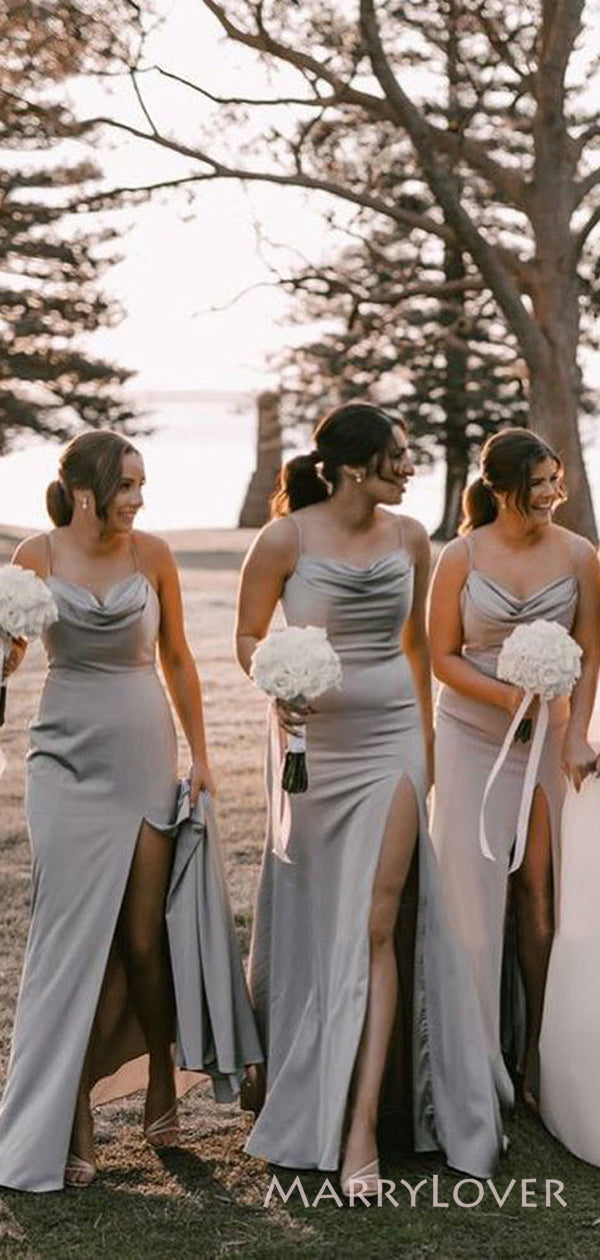 Simple Silver Grey Spaghetti Straps Side Slit Long Bridesmaid Dresses MarryLover Simple Silver Grey Spaghetti Straps Side Slit Long Bridesmaid Dresses MarryLover