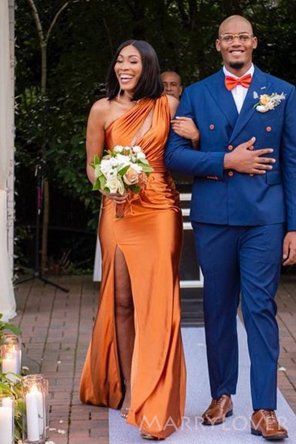 Popular Burnt Orange Satin One Shoulder Mermaid Side Slit Long Bridesm – MarryLover