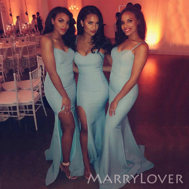 Mermaid Sky Blue Satin Spaghetti Straps Side Slit Long Bridesmaid Dresses , MRB0010