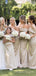 Off Shoulder Champagne Satin Mermaid Long Bridesmaid Dresses , MRB0014