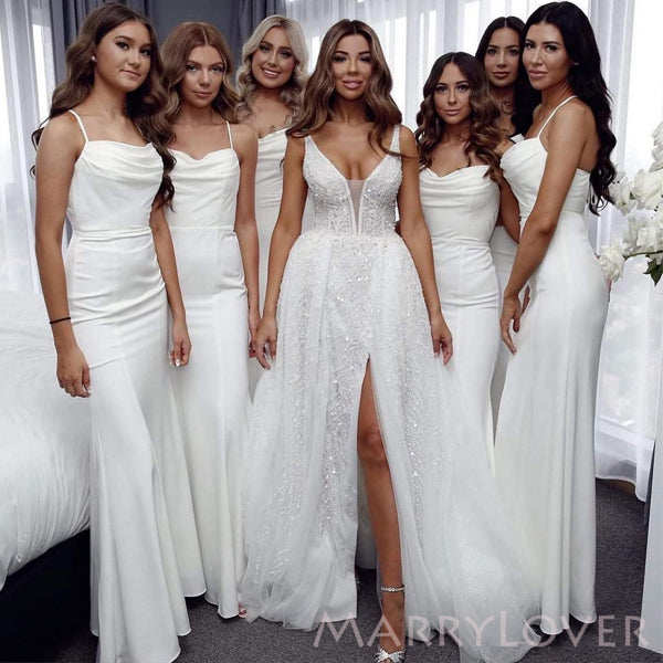 Mermaid White Spaghetti Straps Long Cheap Bridesmaid Dresses , MRB0019