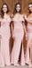 Off Shoulder Pink Satin Mermaid Side Slit Long Bridesmaid Dresses , MRB0020