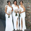 One Shoulder Mermaid White Side Slit Long Cheap Bridesmaid Dresses , MRB0022