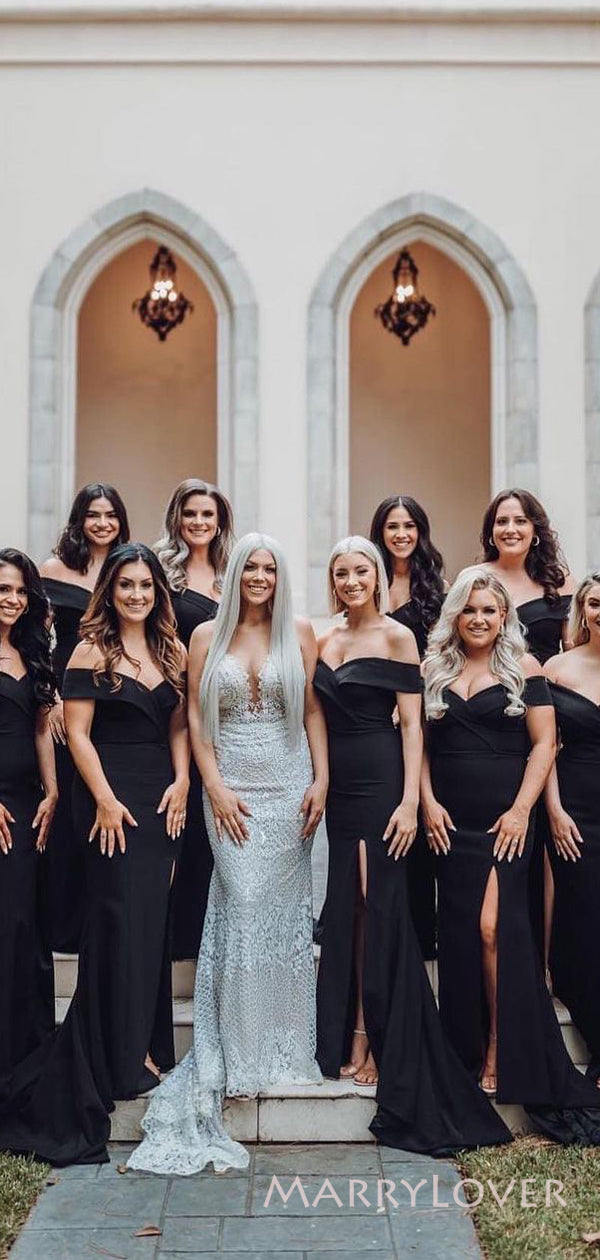 Gorgeous Off Shoulder Black Satin Mermaid Side Slit Long Bridesmaid Dresses , MRB0023 Gorgeous Off Shoulder Black Satin Mermaid Side Slit Long Bridesmaid Dresses , MRB0023