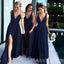 Deep V-neck Navy Blue A-line Long Side Slit Cheap Bridesmaid Dresses , MRB0029