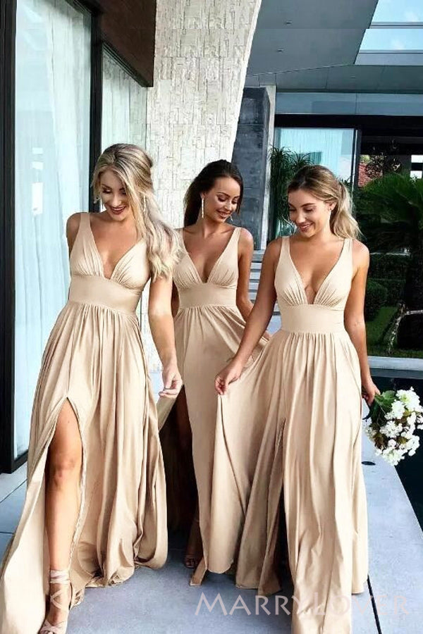 Champagne Jersey A-line V-neck Long Side Slit Cheap Bridesmaid Dresses , MRB0030 Champagne Jersey A-line V-neck Long Side Slit Cheap Bridesmaid Dresses , MRB0030
