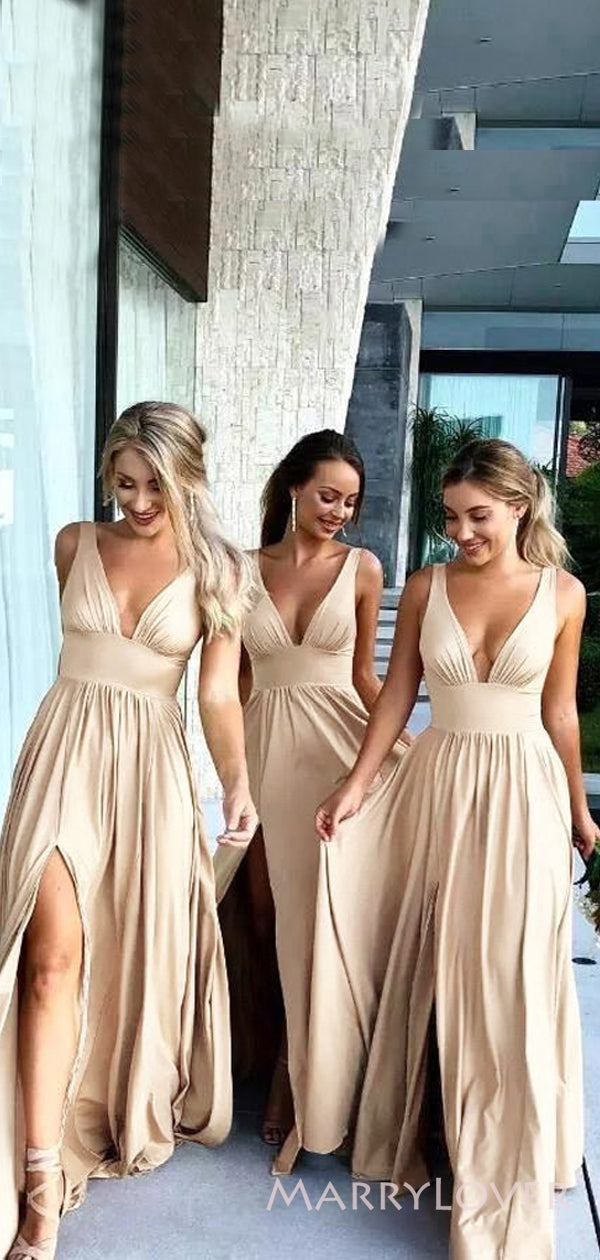 Champagne Jersey A-line V-neck Long Side Slit Cheap Bridesmaid Dresses , MRB0030 Champagne Jersey A-line V-neck Long Side Slit Cheap Bridesmaid Dresses , MRB0030