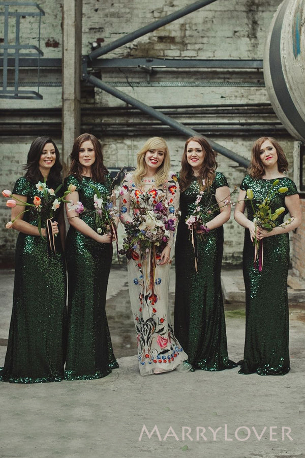 Mermaid Emerald Green Sequins Cap Sleeves Cheap Custom Bridesmaid Dresses , MRB0036 Mermaid Emerald Green Sequins Cap Sleeves Cheap Custom Bridesmaid Dresses , MRB0036