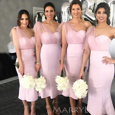 One Shoulder Pink Sweetheart Mermaid Cheap Long Custom Bridesmaid Dresses , Short Bridesmaid dress, MRB0040