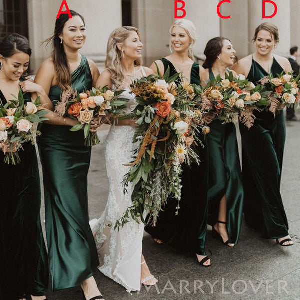 Mismatched Dark Green Satin Velvet Cheap Long Bridesmaid Dresses MRB0041