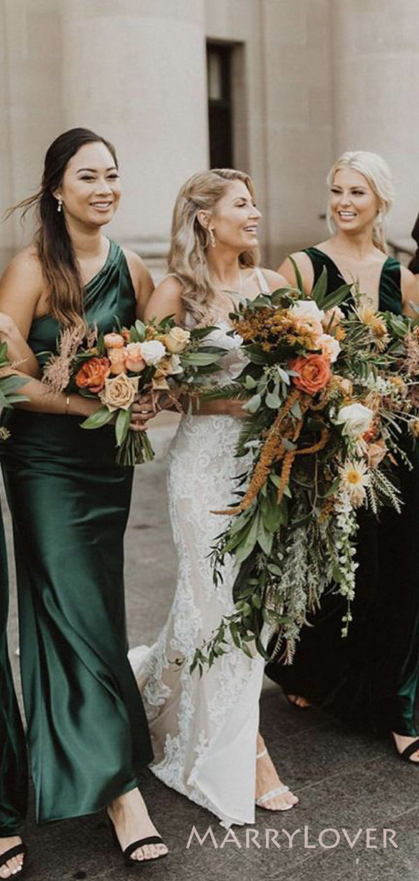 Mismatched Dark Green Satin Velvet Cheap Long Bridesmaid Dresses , MRB MarryLover Mismatched Dark Green Satin Velvet Cheap Long Bridesmaid Dresses , MRB MarryLover