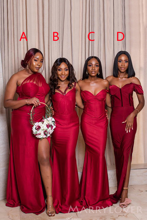 Mismatched Red Satin Mermaid Side Slit Long Custom Bridesmaid Dresses , MRB0046 Mismatched Red Satin Mermaid Side Slit Long Custom Bridesmaid Dresses , MRB0046