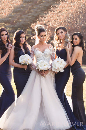 Mismatched Navy Blue Satin Mermaid Long Custom Bridesmaid Dresses , MRB0055